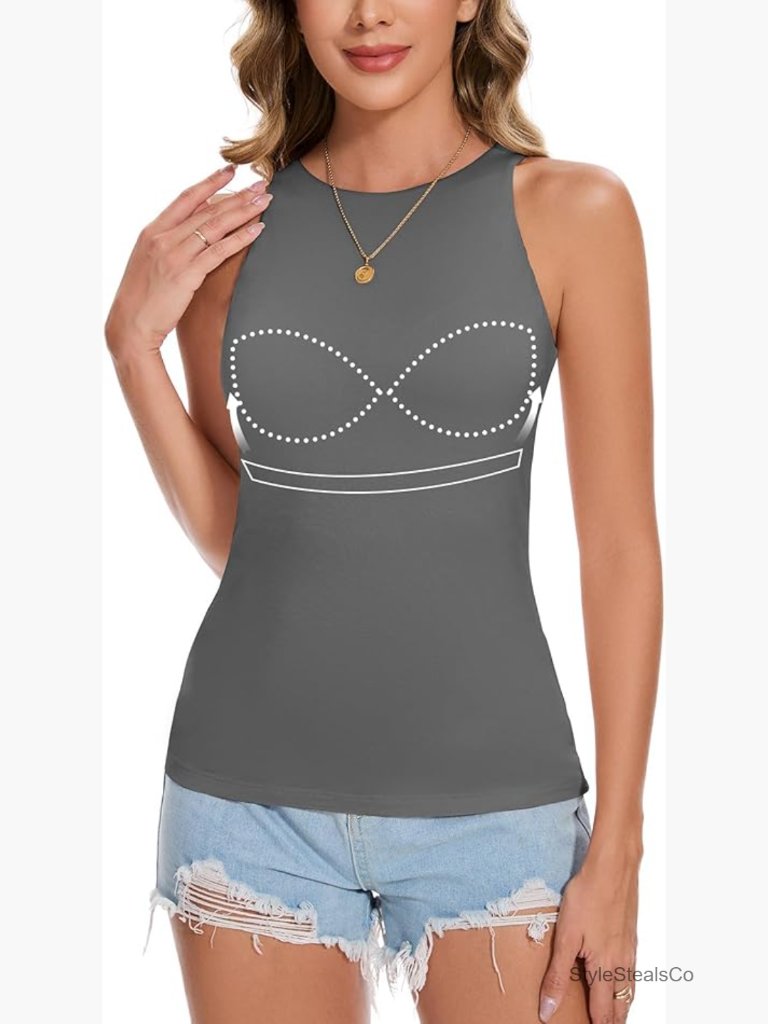 Built-In Bra Tank Top Sleeveless Fitted Stretch Lightweight Summer